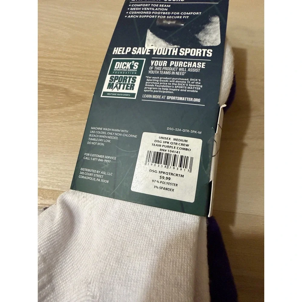Men's DSG Medium QTR Crew Athletic Socks 3-Pack White Purple Quarter Crew NEW